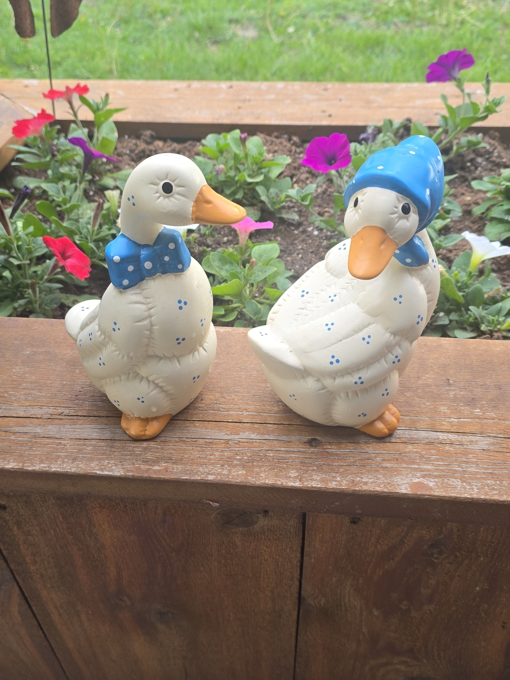 Whimsical Cream Ceramic Geese Figurines with Blue Accents